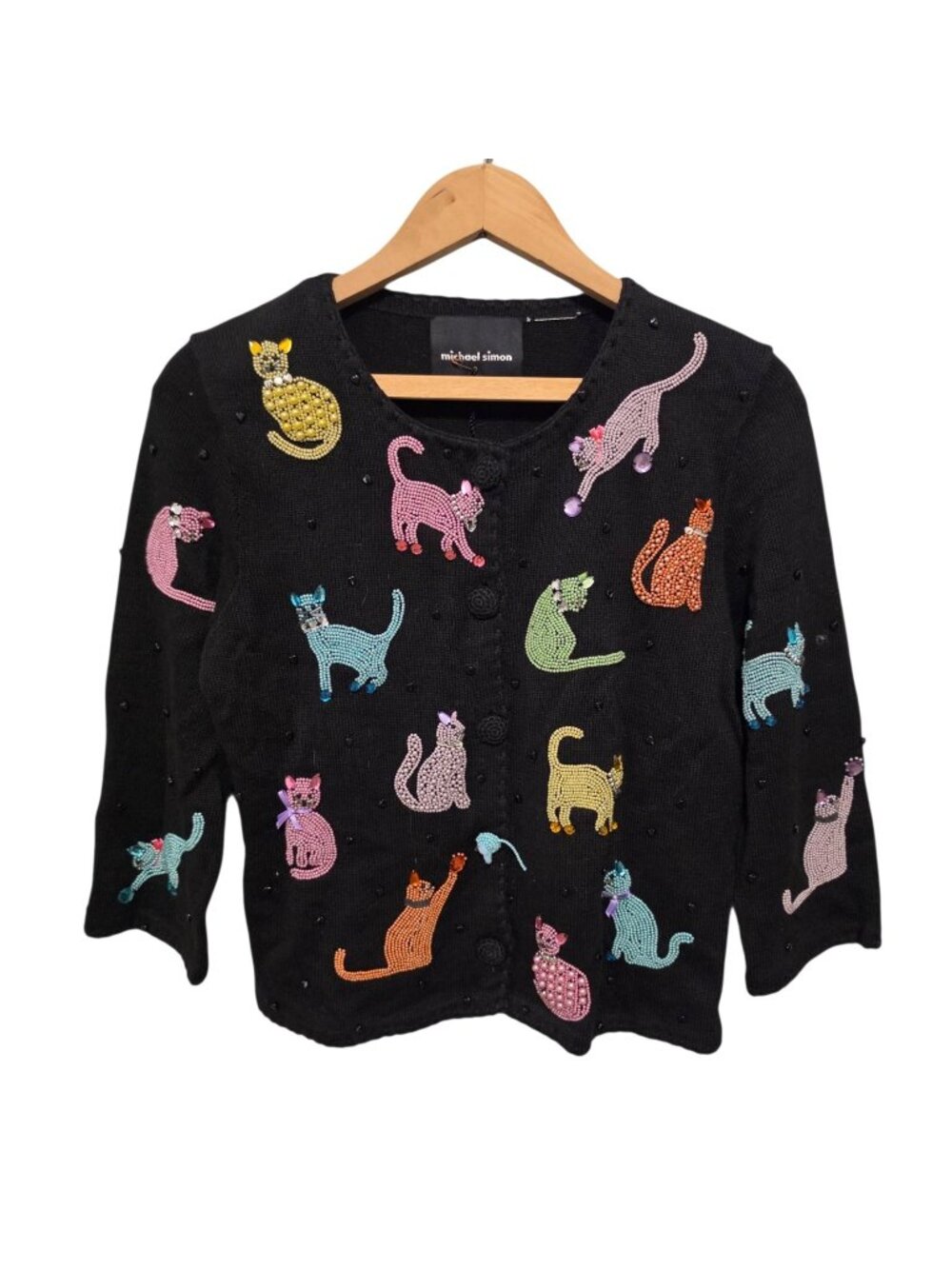 Michael Simon Beaded Cat Cardigan Sweater Black Kitty Novelty Designer